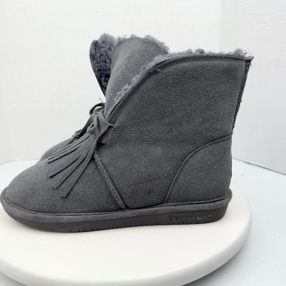 BEARPAW Womens Christie Gray Suede Sheepskin Fringe Boot NeverWet Charcoal Sz 8W
